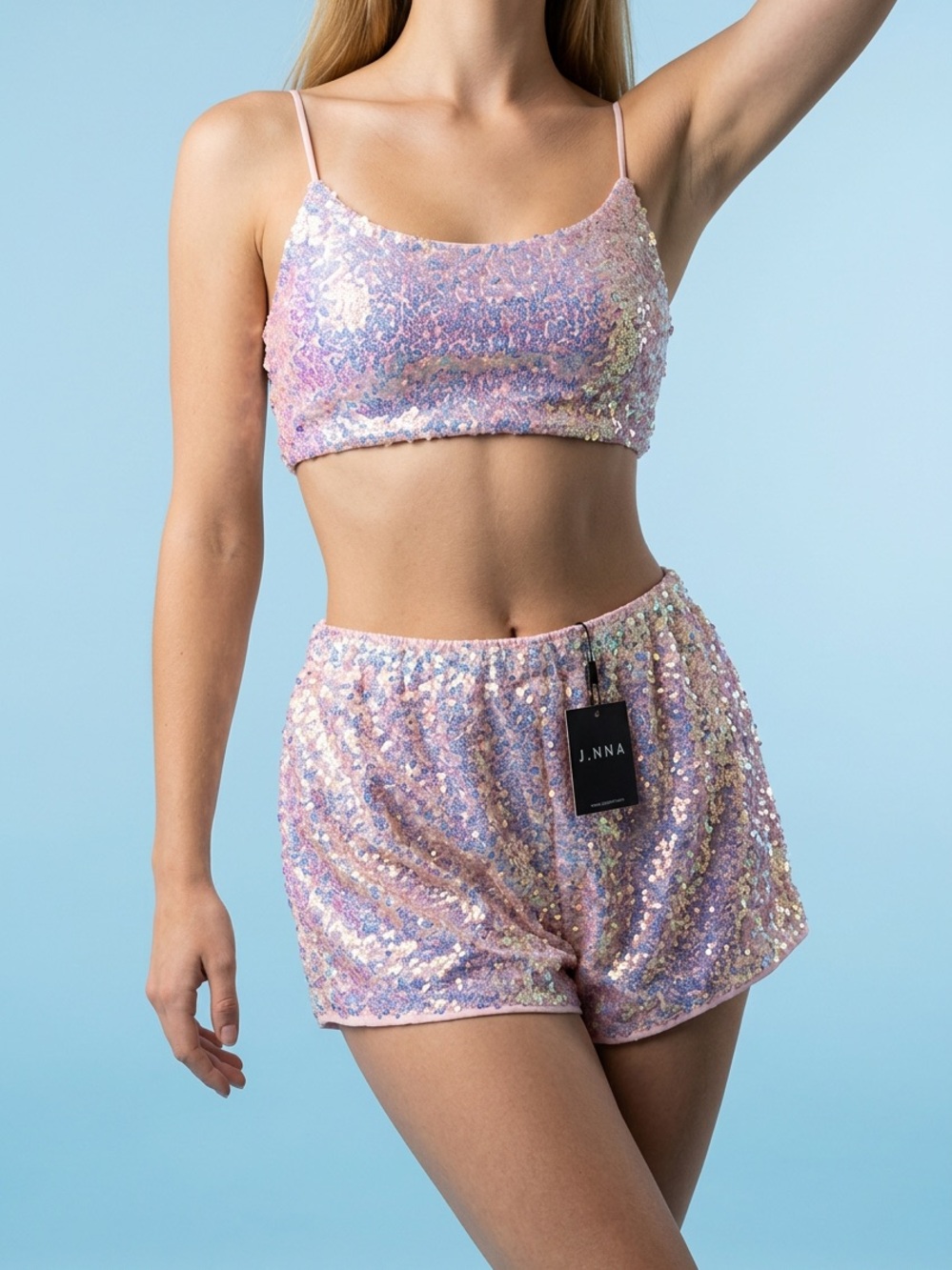 J.NNA Pink Sequin High-Waist Shorts